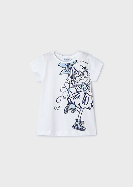 white graphic tee with blue outlined girl