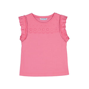 sleeveless ruffle semi dressy tee in a beautiful camellia pink color,  entredeux trim at the shoulder and eyelet lace accent in the front