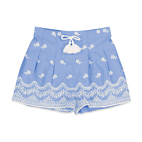 Light blue and white eyelet fabric short, 4 pleats in the front, elastic back waist and faux tassel tie