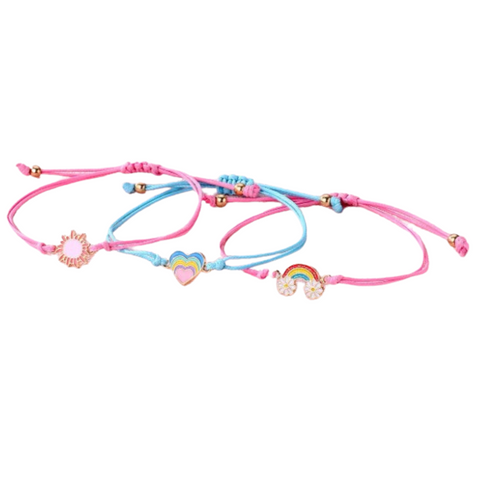 3 pc set of adjustable rope bracelets each with a different charm, sun, rainbow heart and daisy rainbow