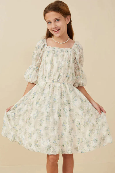 Cream Floral Eylet Dress with Puff Sleeves