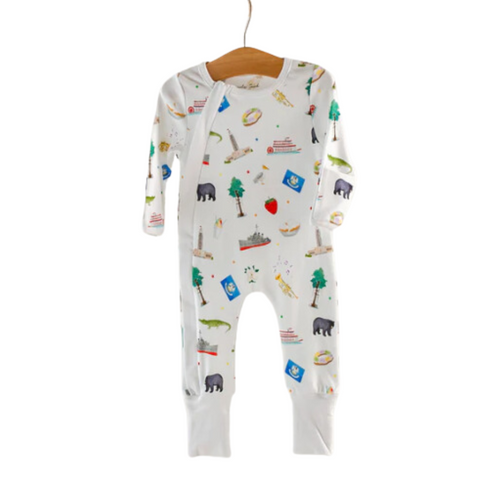 zipper coverall kids sleeper with all things Louisiana print in 100% certified organic cotton