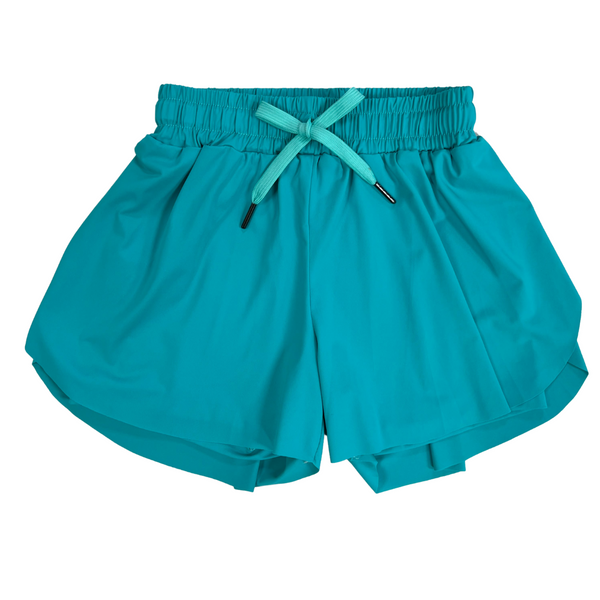 Teal blue elastic waist athletic swing shorts for girls
