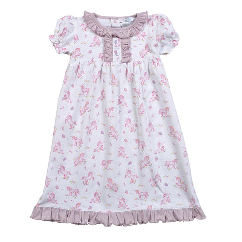 White nightgown with pink unicorns and light pink ruffles