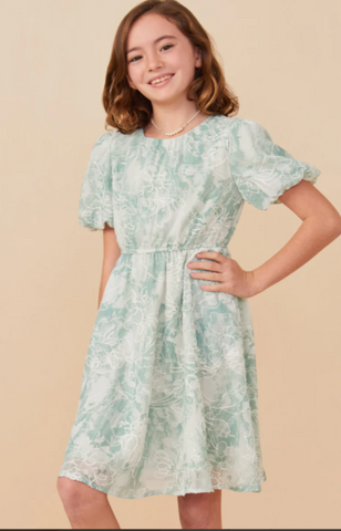 soft green, textured floral print, dressy dress, elastic waist for good fit, and short puff sleeves