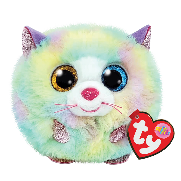 Fluffy rainbow cat with one blue eye and one yellow eye, both sparkly and beaded. Also with sparkly pink ears, hands, and feet. With a pink glittery nose and pink whiskers.