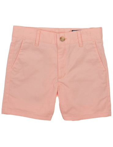Peach dress shorts with a button, belt loops, and pockets. 