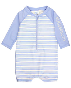 periwinkle blue stripe one piece zipper front rashguard swimsuit