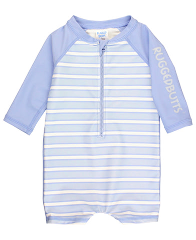 periwinkle blue stripe one piece zipper front rashguard swimsuit