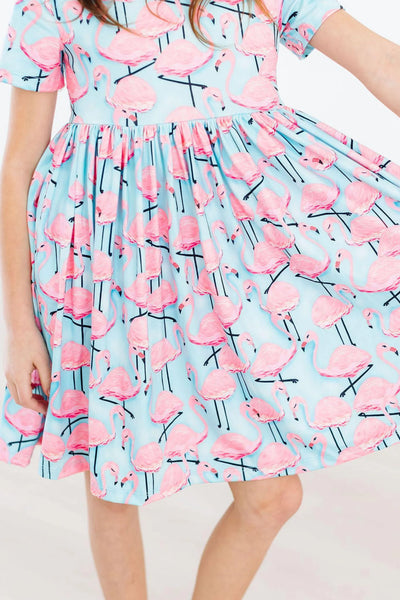 Pretty in Pink Flamingos Short Sleeve Twirl Dress
