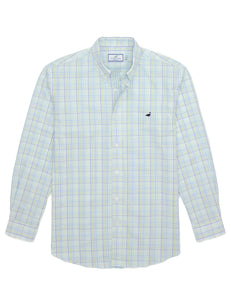 Blue and White striped button down shirt with collar. 