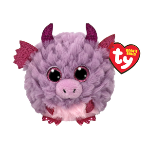 Purple fluffy dragon with pink horns and wings, with sparkly pink eyes, and pink hands and feet. 