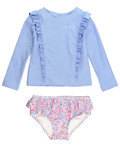 2pc long sleeve rashguard swimsuit with solid periwinkle ruffle front top and pink and periwinkle ruffle bikini bottom