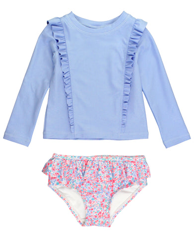 2pc long sleeve rashguard swimsuit with solid periwinkle ruffle front top and pink and periwinkle ruffle bikini bottom