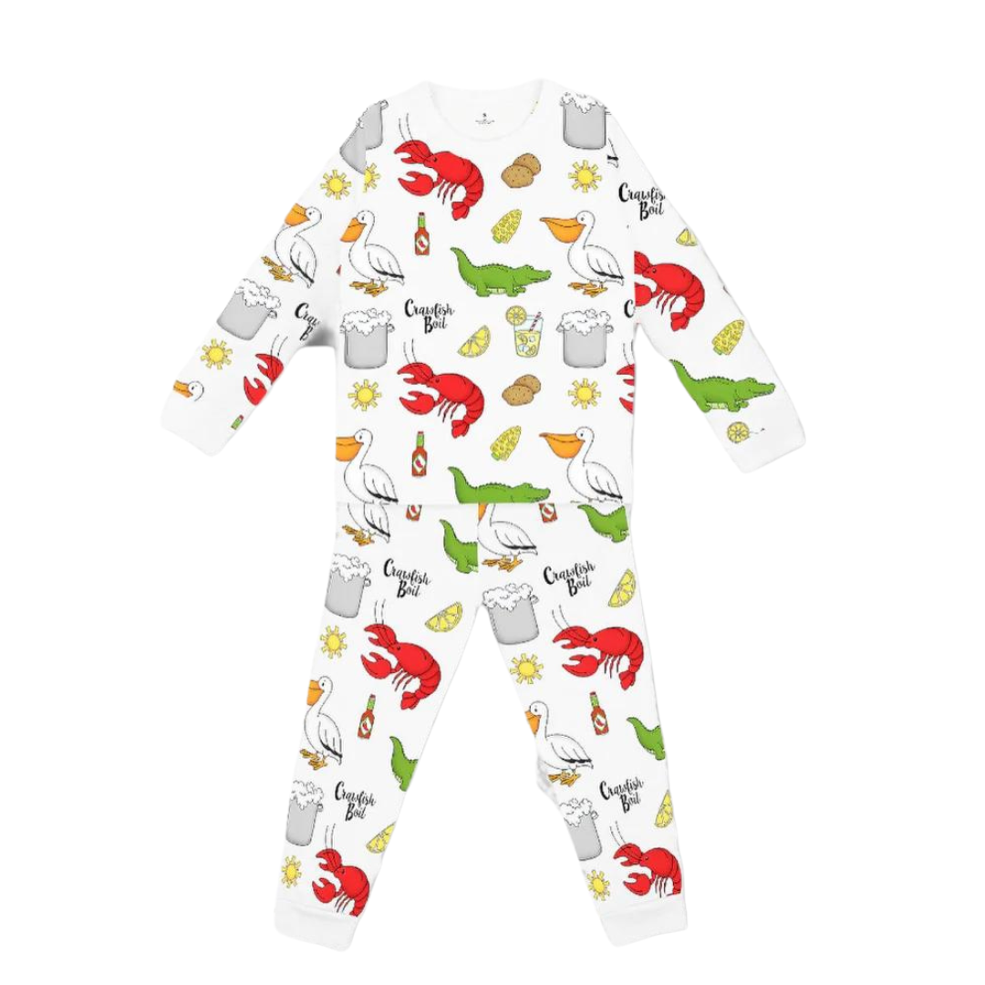 long sleeve and long pant 2 pc bamboo pajama set in a white background with crawfish, pelican, lemonade, hot sauce and alligator
