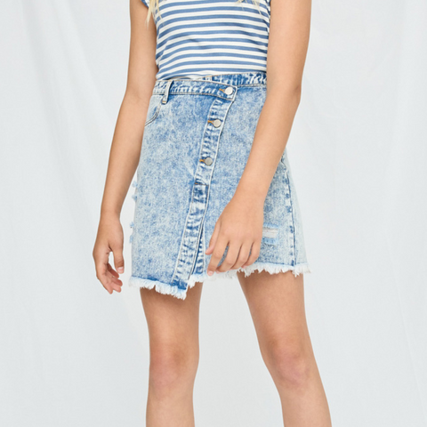 Distressed Asymmetric Wrap Denim Skirt