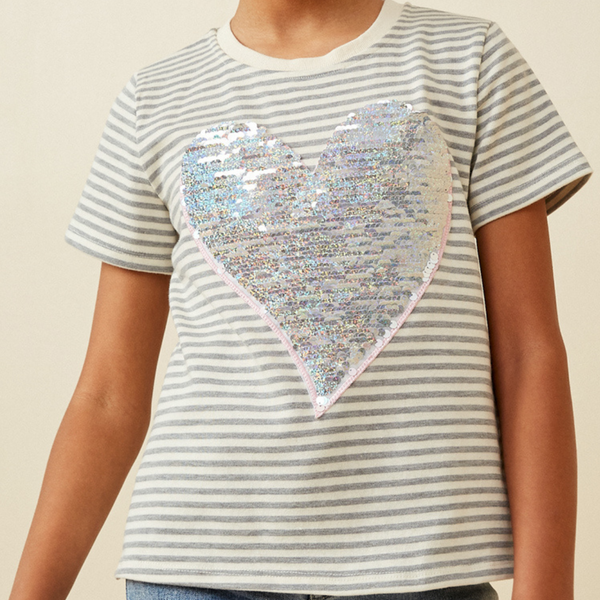 Girls Sequin Heart Patch Striped Knit Top