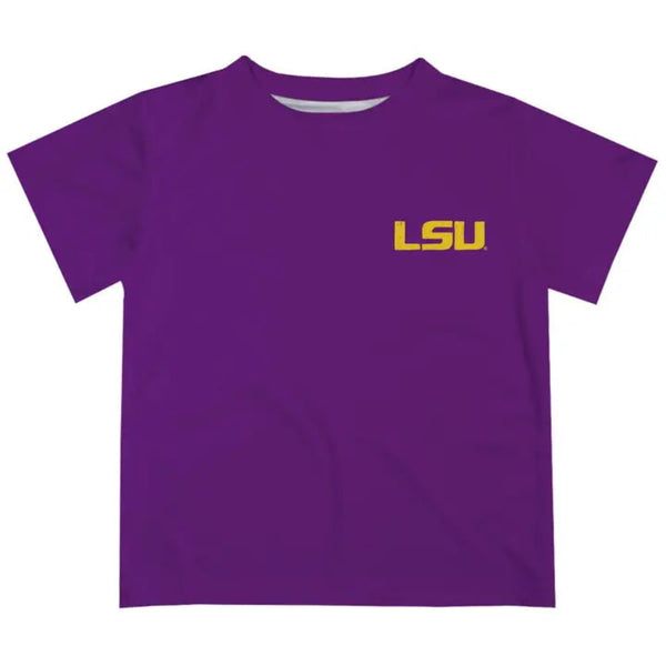 Purple short-sleeve LSU kids t-shirt with gold LSU logo on front and detailed LSU-themed landmark graphic on the back.