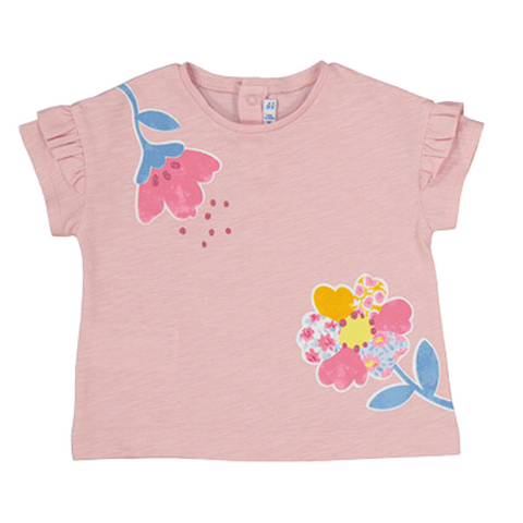 soft pink short sleeve tee with ruffles at the shoulder and a floral  screen print at the shoulder and hem
