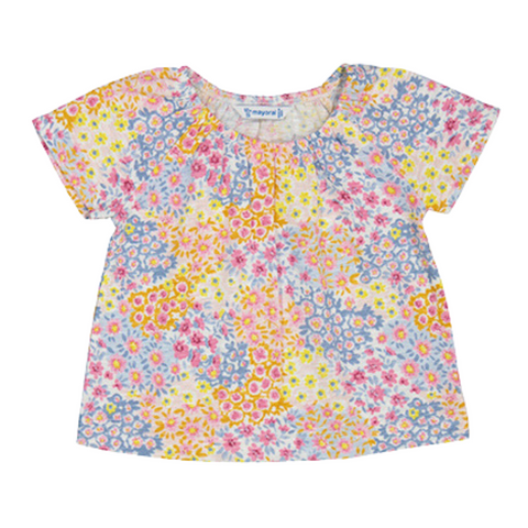 short sleeve elastic neck tee with a floral patchwork design