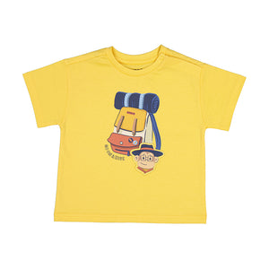 Yellow short sleeve baby tee with camping gear graphic featuring a curious George look a like