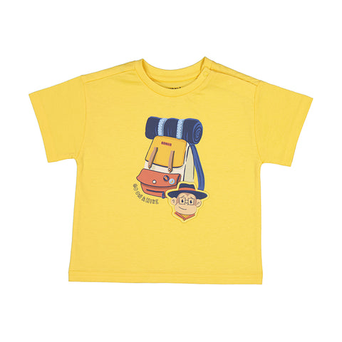 Yellow short sleeve baby tee with camping gear graphic featuring a curious George look a like