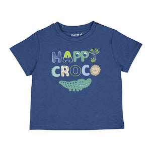 Navy blue short sleeve infant tee with a "Happy Croco" and crocodile applique and screen print