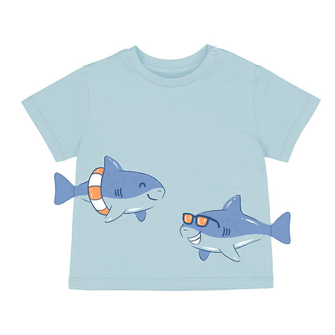 Blue t shirt with two sharks with sunglasses and floaties. 