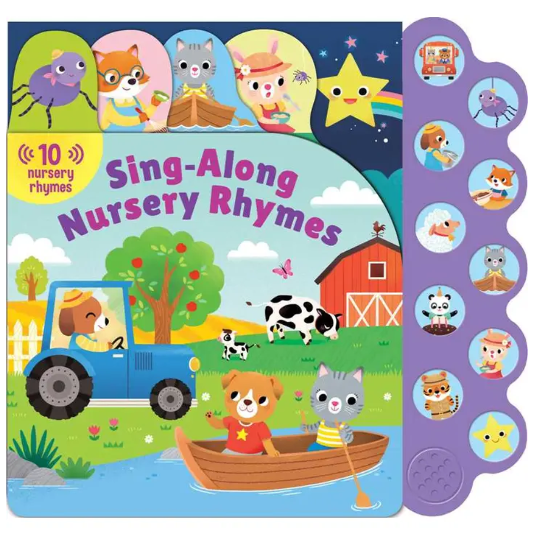 Sing-Along Nursery Rhymes sound book with 10 buttons, featuring colorful illustrations of animals, farm scenes, and classic rhyme characters.