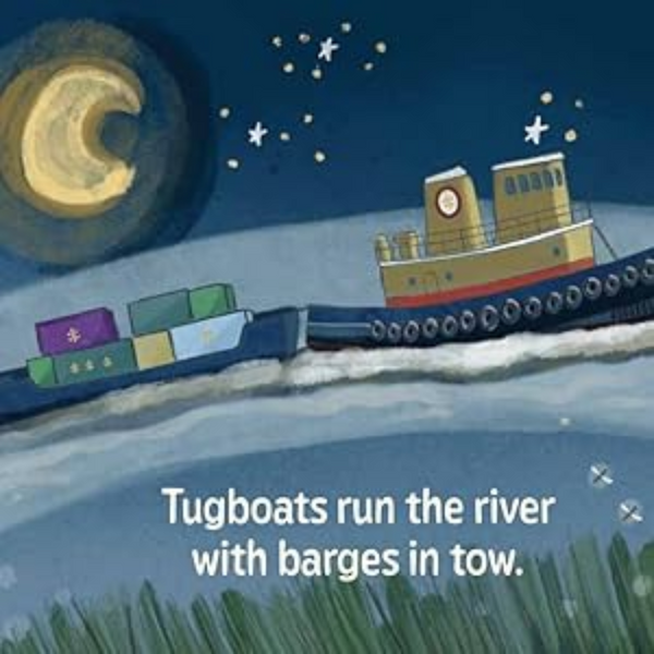 handrawn tugboat with barges on a river