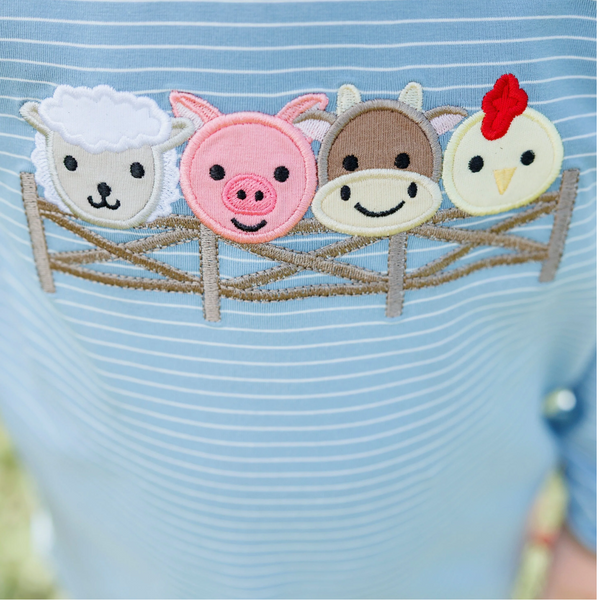 farm animals friends embroidery closeup: sheep, pig, cow, chicken
