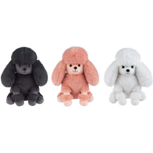 Three seated Pom Pom Poodle plush toys in black, pink, and white, each with a fluffy topknot, long ears, and pom-pom cuffs.