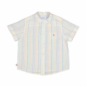 multicolor stripe baby boy button down shirt with green,blue,mint and orange vertical stripes