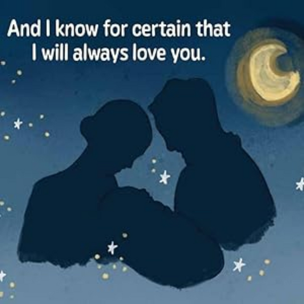 hand drawn silhouette of parents holding a baby under a crescent moon