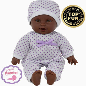 11-inch African American baby doll in a purple polka dot outfit and matching hat, includes a bonus pacifier, award-winning toy.