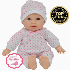 11-inch Caucasian baby doll in a pink polka dot outfit and matching hat, includes a bonus pacifier, award-winning toy.