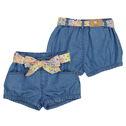 chambray elastic waist and leg baby girl bloomer short with front slant pockets and floral fabric tie