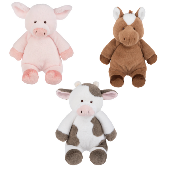 Three soft cow, pig, and horse plushies. 