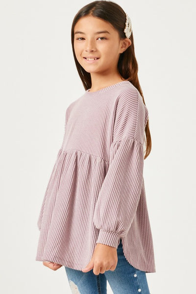 Mauve Textured Stripe Baby Doll Long Sleeve Top