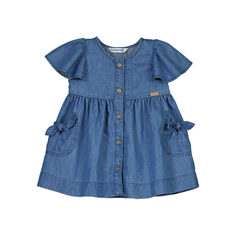 tencel, chambray flutter sleeve dress with front button placket and pockets with tie bow accents