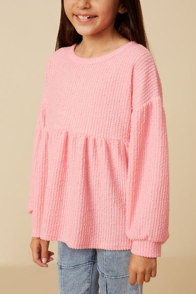 Pink Textured Rib Puff Sleeve Peplum Knit Top