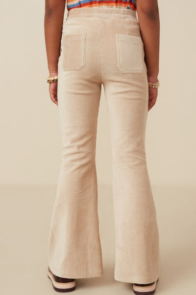 Beige Stretch Pocketed Flared Corduroy Pants