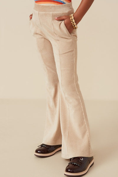 Beige Stretch Pocketed Flared Corduroy Pants