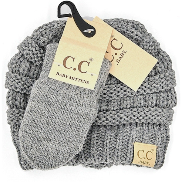 Gray knitted baby mittens with C.C Baby tags on a white background