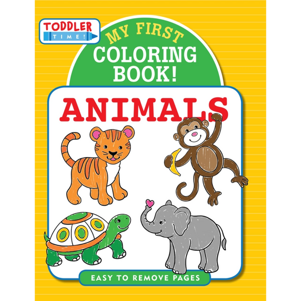 My First Coloring Book: Animals” toddler coloring book with animal illustrations including puppy, kitten, turtle, monkey, and elephant.