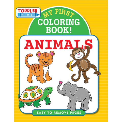 My First Coloring Book: Animals” toddler coloring book with animal illustrations including puppy, kitten, turtle, monkey, and elephant.