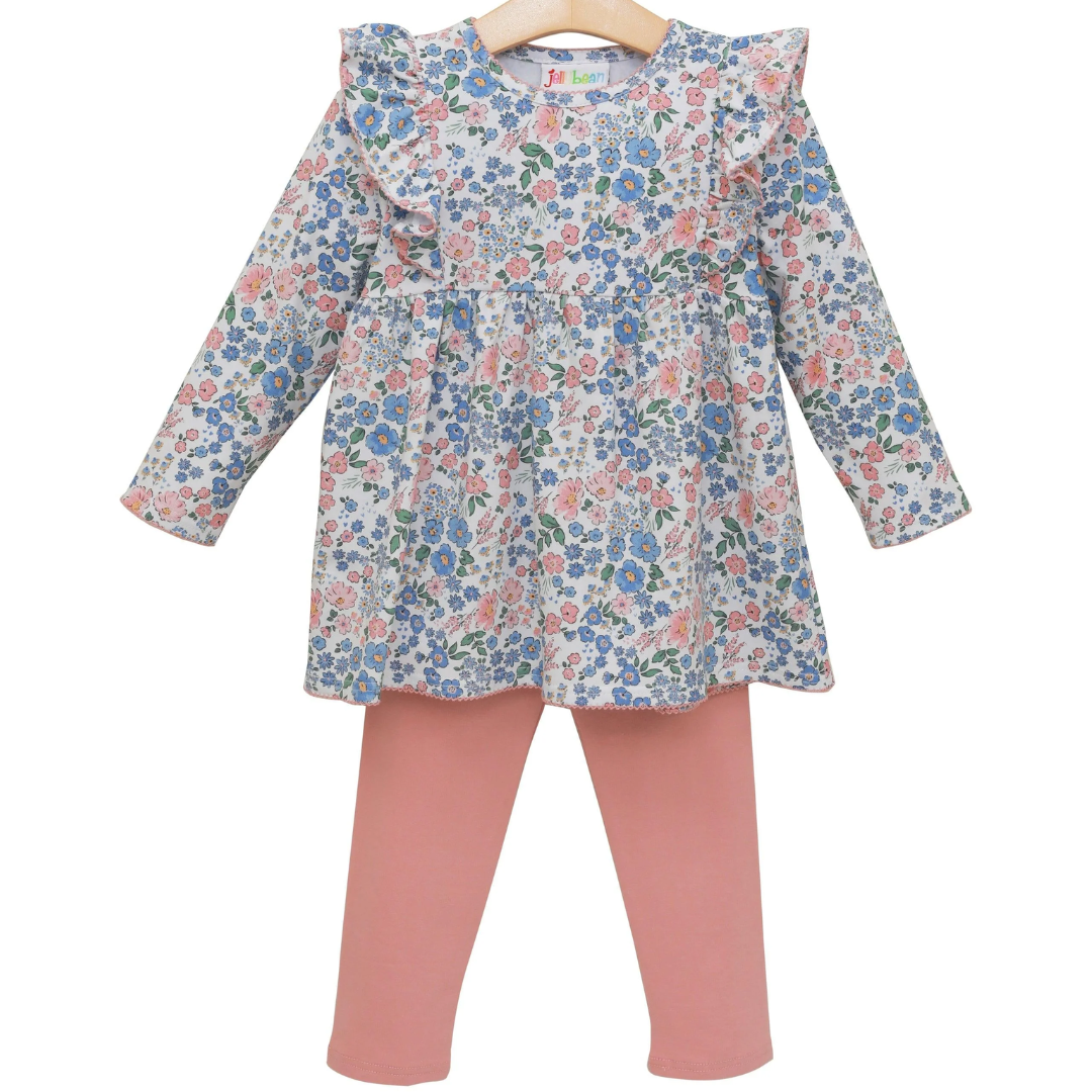 Girls’ two-piece set with long-sleeve floral tunic featuring ruffle shoulders and pink leggings from Jellybean.