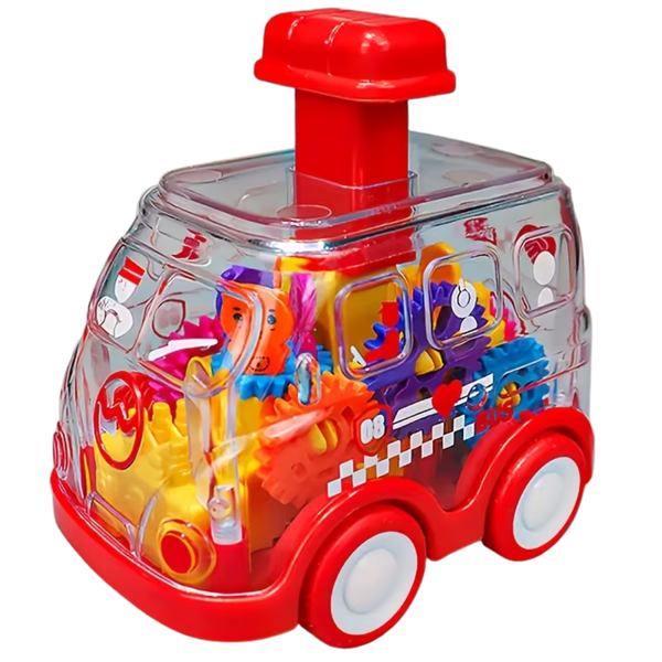 Colorful toy truck with transparent body and red top on a white background