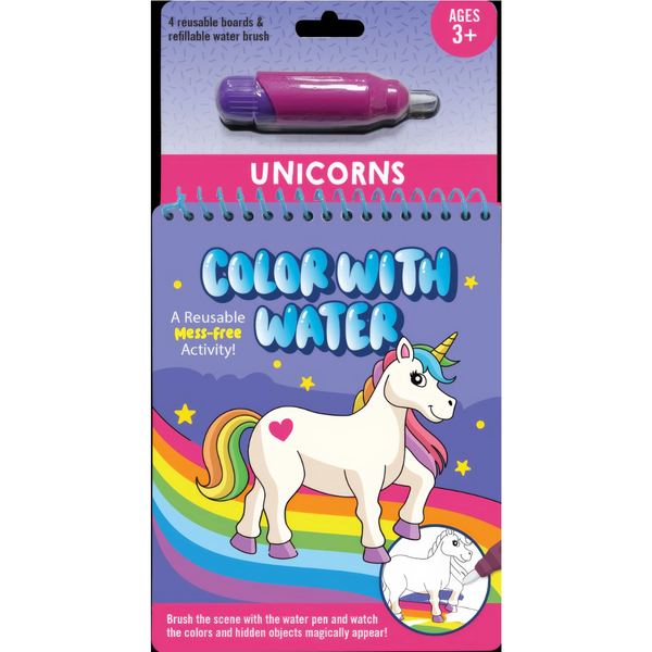 Color with Water Activity Book for kids, reusable mess-free coloring with included water brush. Unicorn pages