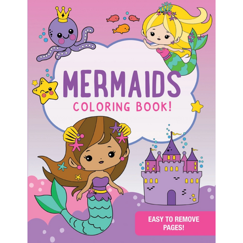 Mermaids Coloring Book with 35 fun undersea scenes featuring mermaids, sea creatures, and castles. 8.5” x 11”, perforated pages.